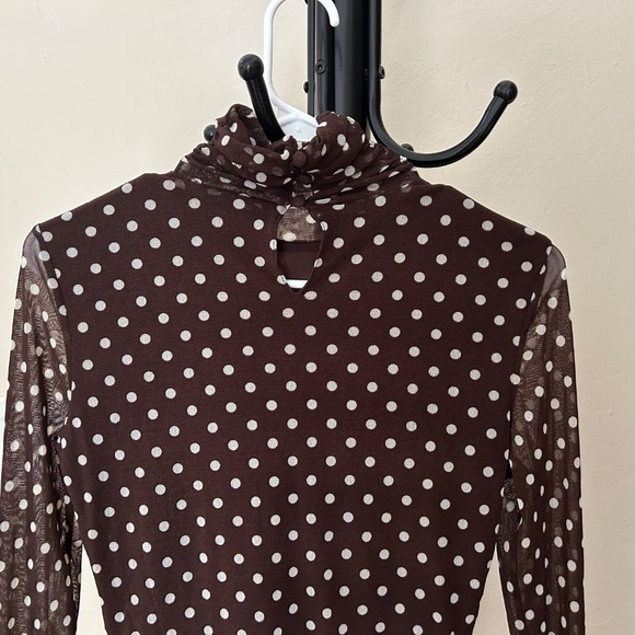 INC Fitted Stretchy Brown Mesh Polka Dot Long Sleeve High Roched Neckline Blouse - Picture 5 of 11